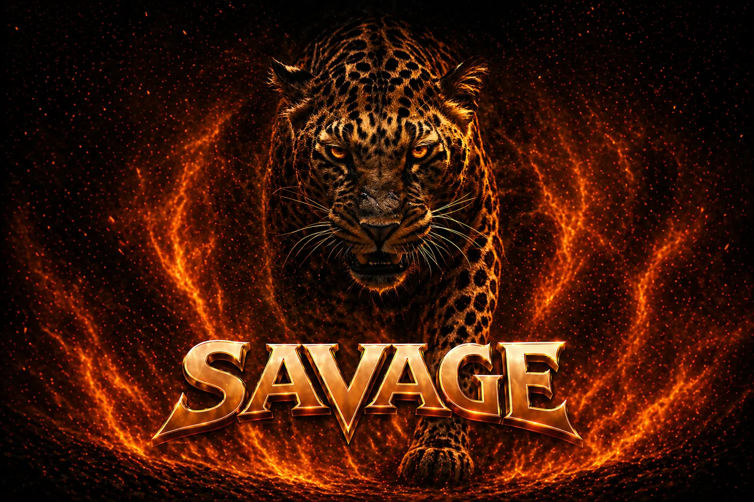 Onça-pintada avançando entre brasas, com o nome Savage em dourado